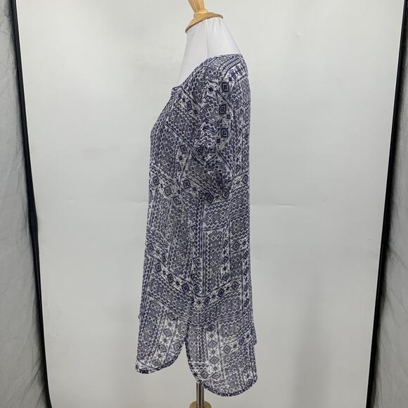 J Jill Blouse Women S Small Multi Split Neck Geometric Short Sleeve Sheer Tunic - Picture 4 of 12